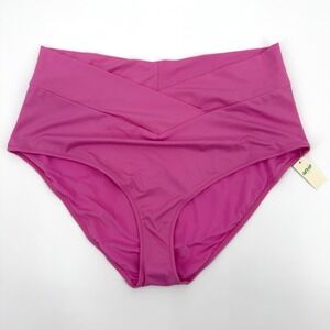 Aerie High Waisted Full Coverage Cross Waist Bikini Bottoms Hot Pink XXL NWT‎